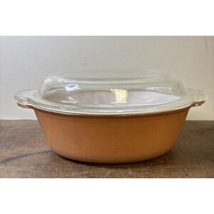 VTG Fire King 1.5 Quart Peach Luster Green Interior Casserole Dish Bowl Lid #467